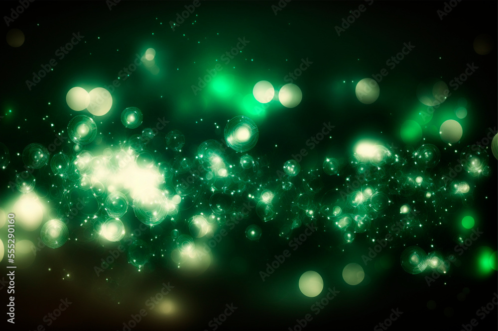 Festive background with glitter and defocused bokeh in green shades, Merry Christmas and Happy New Year
