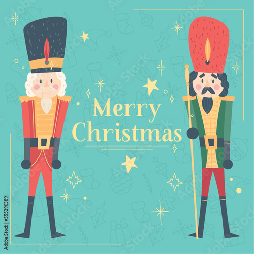 Nutcracker soldiers cartoon kawaii Merry christmas gretting card Vector illustration