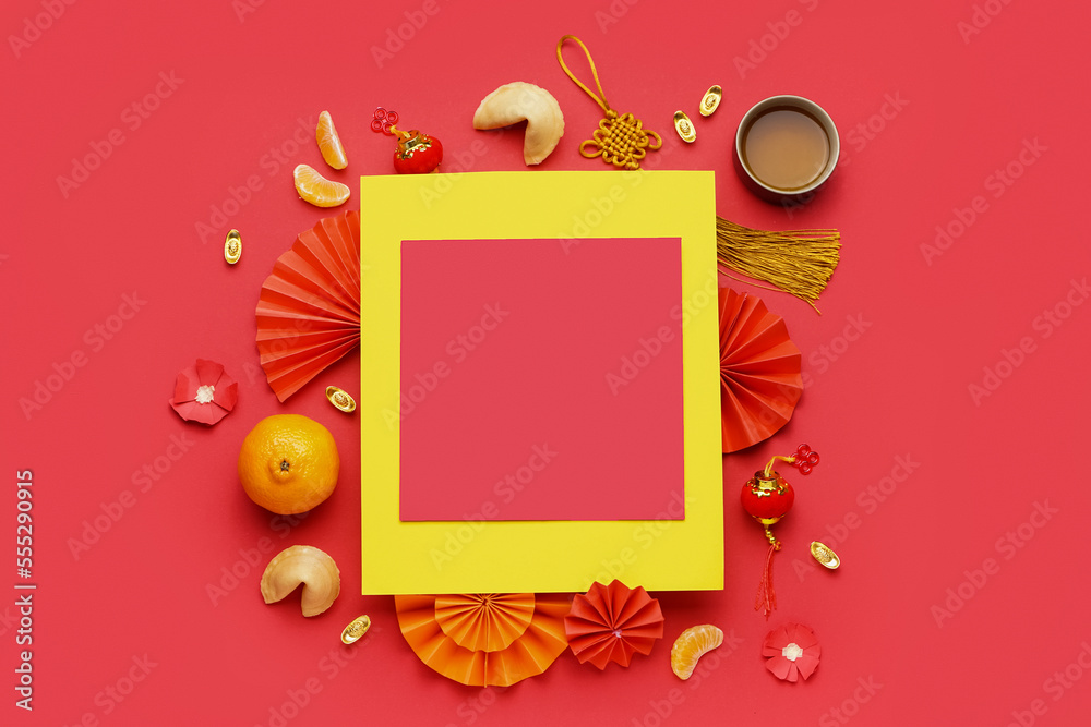 Blank card, fortune cookies and Chinese symbols on red background. New Year celebration Blank card, fortune cookies and Chinese symbols on red background. New Year celebration