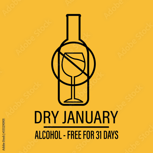 Dry january, that is an annual alcohol free month after the new year holiday. No alcohol during this day. Vector wine bottle and glass. Bottle opener.