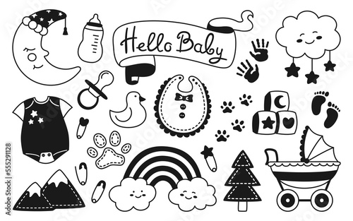 Baby newborn nursery objects linear stamp glyph set. Birthday child memory scrapbook kit. Kids symbol and icon accessory collection. Hand drawn decoration cute rainbow moon, cloud, nipple, footprint