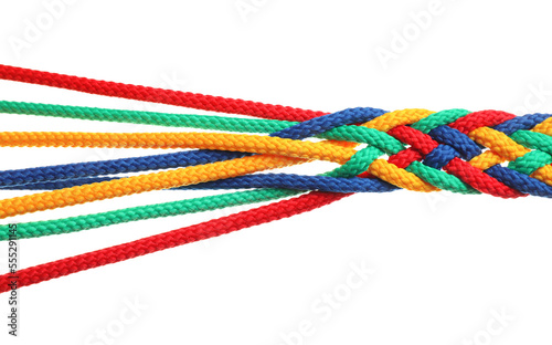 Braided colorful ropes on white background. Unity concept