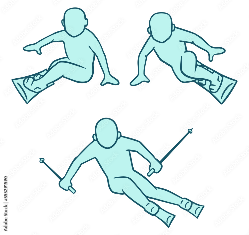 Obraz premium スキーで滑る人、スノーボードで滑る人、カービングターン、人影