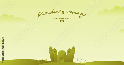 Background Month of Ramadan is coming soon. Islamic greeting card template with mosque. Posters, media banners. Islamic theme background.