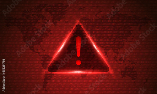 Attention Danger Hacking. Symbol on Map Dark Red Background. Security protection, Malware, Hack Attack, Data Breach Concept. System hacked error, Attacker alert sign computer virus. Ransomware. Vector