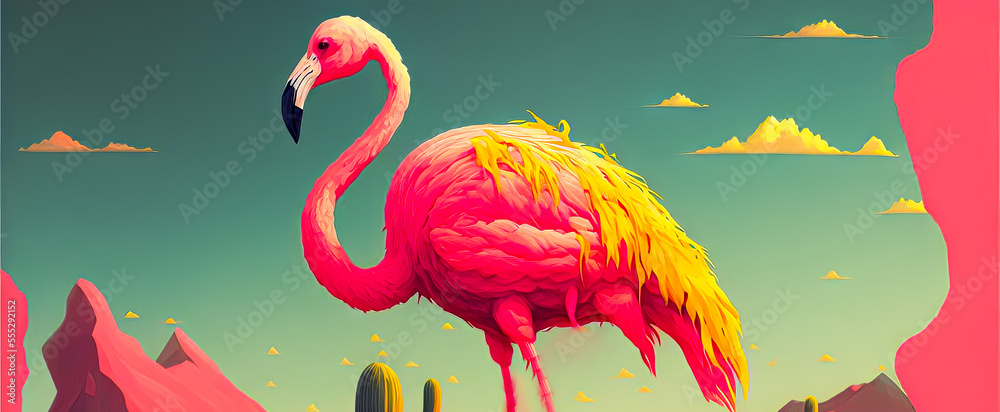 pink and yellow illustrated flamingo with room for copy space and print. trichromatic color scheme.