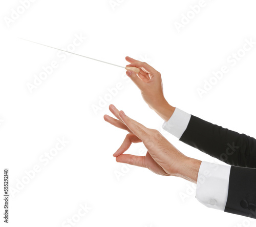 Professional conductor with baton on white background, closeup
