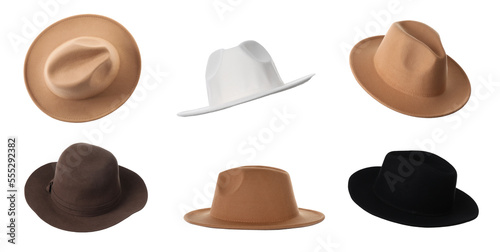 Set with different stylish hats on white background
