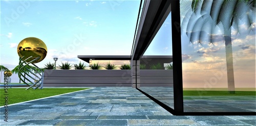 Mirror window of the contemporary estate reflects rhe environment . Steel balls on the lawn as an art istallation. 3d rendering. photo
