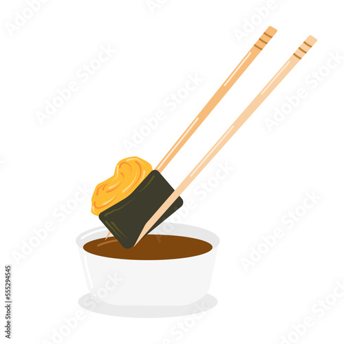 gunkan on sticks dipped in soy sauce close-up on a white background