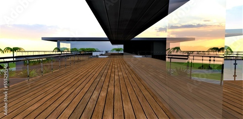 Stunning terrace with wooden floor. Reflection of the amazing sunset in mirror windows. 3d rendering. © Oleksandr