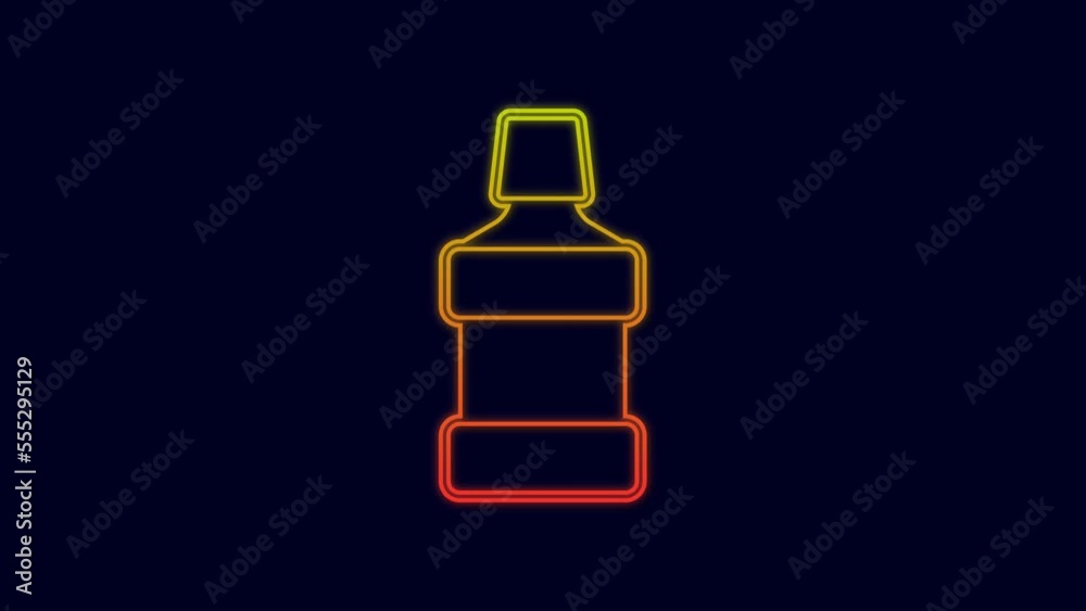 Glowing neon line Mouthwash plastic bottle icon isolated on blue background. Liquid for rinsing mouth. Oralcare equipment. 4K Video motion graphic animation Glowing neon line Mouthwash plastic bottle icon isolated on blue background. Liquid for rinsing mouth. Oralcare equipment. 4K Video motion graphic animation