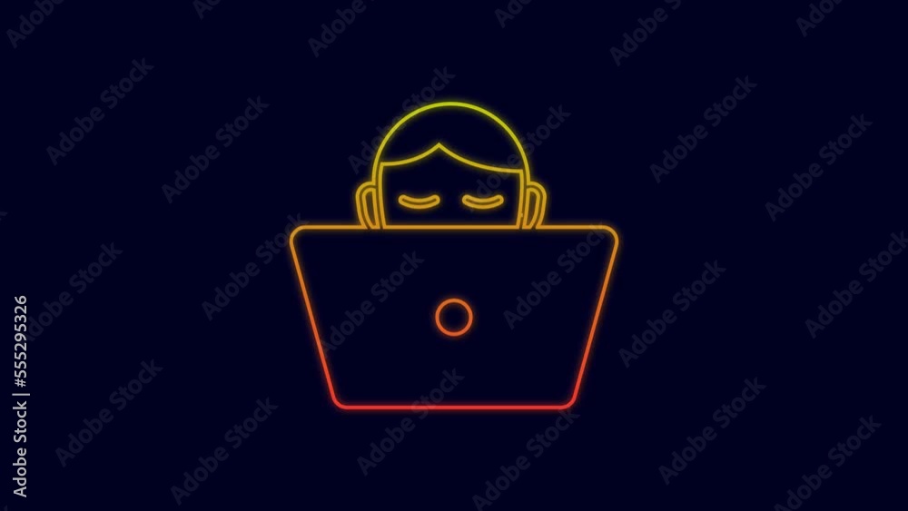 Glowing neon line Freelancer icon isolated on blue background. Freelancer man working on laptop at his house. Online working, distant job concept. 4K Video motion graphic animation Glowing neon line Freelancer icon isolated on blue background. Freelancer man working on laptop at his house. Online working, distant job concept. 4K Video motion graphic animation