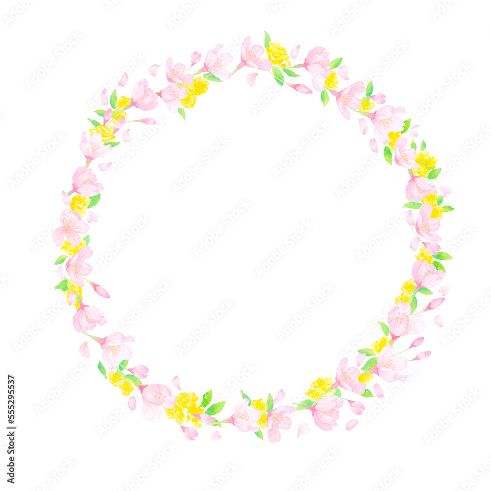 春の花で編んだ水彩リース。ピンク色と黄色の花のかわいらしいフレーム。