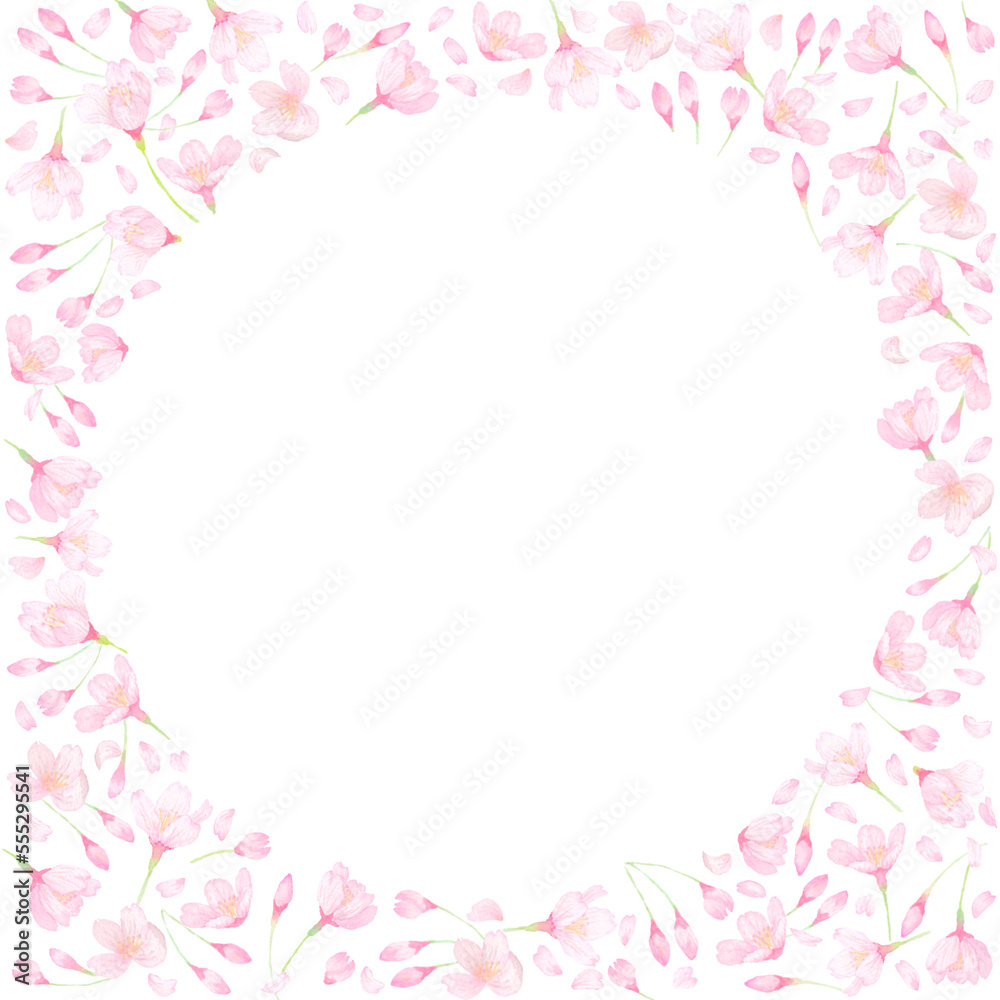 水彩の桜の花が舞うフレーム。春らしいピンク色の背景素材。