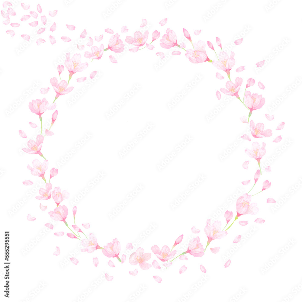 舞い散る桜の花びらが形作ったリース。春らしいピンク色の水彩フレーム。