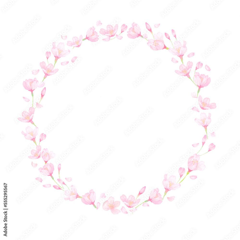 水彩の桜の花が舞うリース。春らしいピンク色のフレーム。
