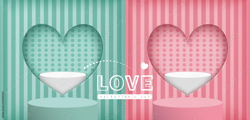 Stage podium decoration with heart shape wall background. Pedestal scene with for product display on Green and Pink pastel background. Valentine's day background. Cute style. Vector illustration.