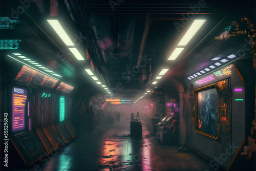 futuristic cyberpunk dystopian post apocalyptic subway station, Generative AI
