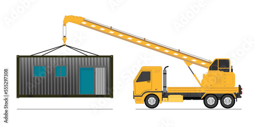 Truck crane lifts assembled modular home, house of container home, Crane for Modular Buildings isolated vector illustration.