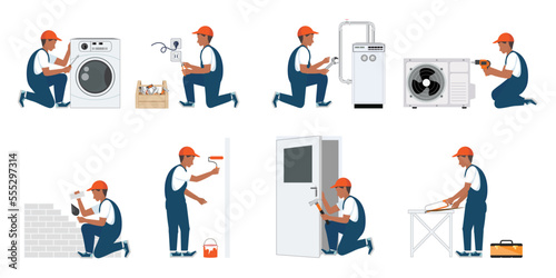Worker repair service, plumber and handyman. People in uniform renovate painter, electrician and carpenter set, cartoon style vector illustration.