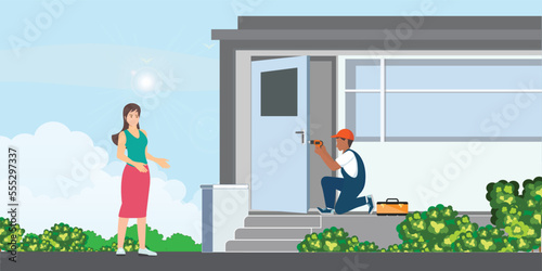 Young workman installing door knob. Installation of a lock on the front entrance door.  Professional repair service. Maintenance Concept vector illustration.