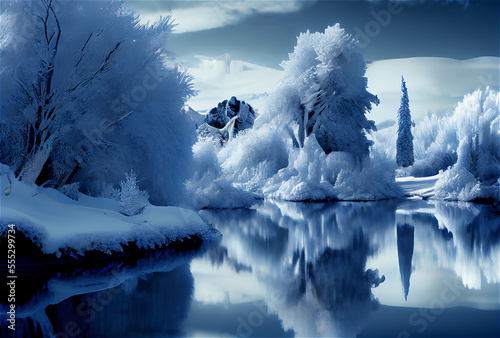 frozen landscape in blue an...