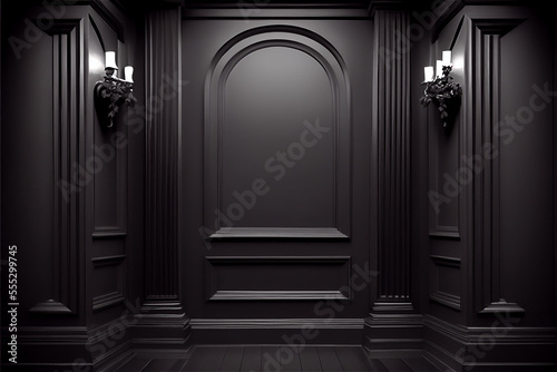 ebony black lacquered wall with wainscoting ideal for backgrounds