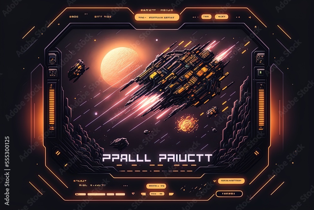 Gameplay UI for a pixelated space shooter with a play button ...