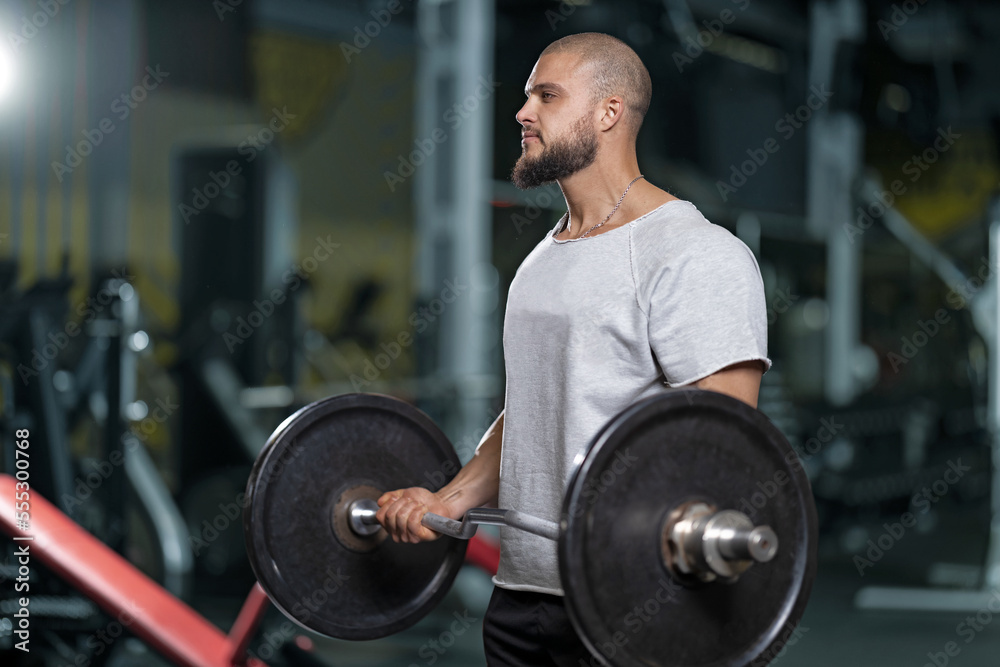 Muscular man doing exercises with barbell at biceps Muscular man doing exercises with barbell at biceps