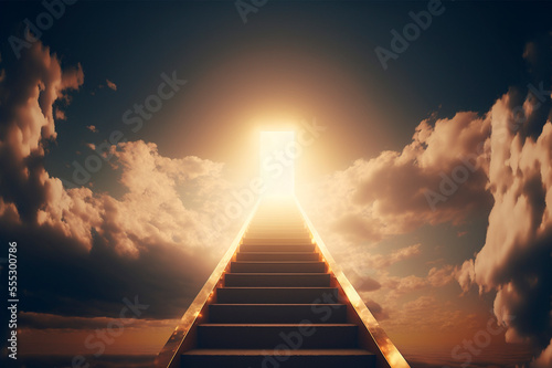Stairs leading to the sky, sunlight shining brightly from the partition from the door 
