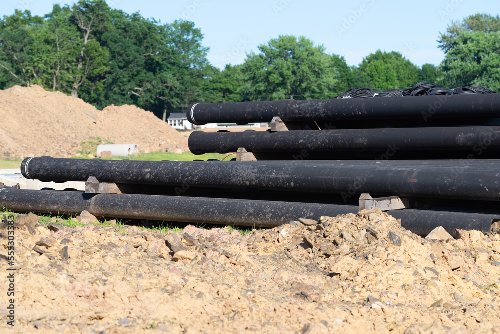 Drain and sewer pipes at a residential construction site