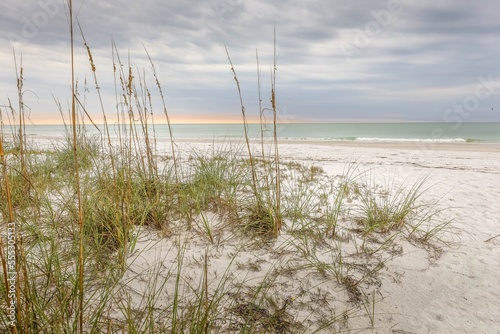 Fototapeta Naklejka Na Ścianę i Meble -  Anna Maria Island pure white sand dunes on a cloudy day