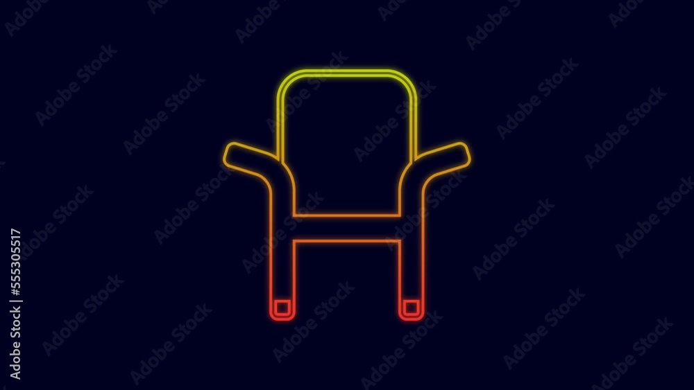 Glowing neon line Camping portable folding chair icon isolated on blue background. Rest and relax equipment. Fishing seat. 4K Video motion graphic animation Glowing neon line Camping portable folding chair icon isolated on blue background. Rest and relax equipment. Fishing seat. 4K Video motion graphic animation
