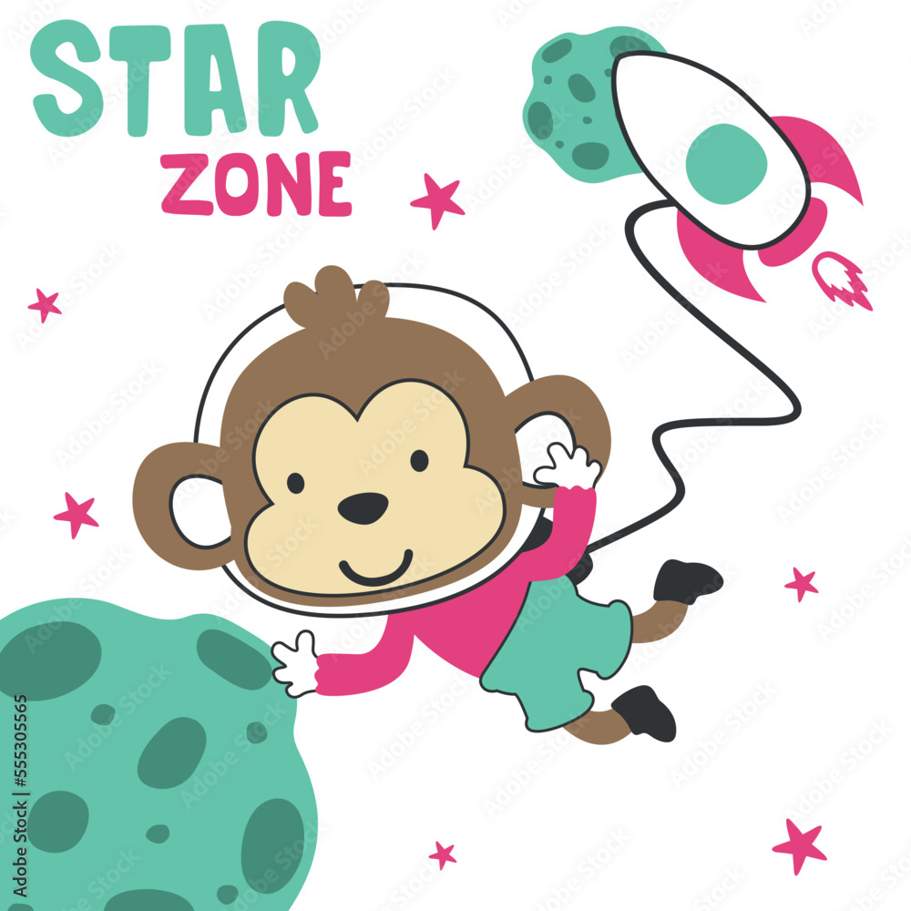 Vector illustration of cute cartoon astronauts little monkey in space, Can be used for t-shirt print, kids wear fashion design, baby shower invitation card. fabric, textile, nursery wallpaper, poster. Vector illustration of cute cartoon astronauts little monkey in space, Can be used for t-shirt print, kids wear fashion design, baby shower invitation card. fabric, textile, nursery wallpaper, poster.