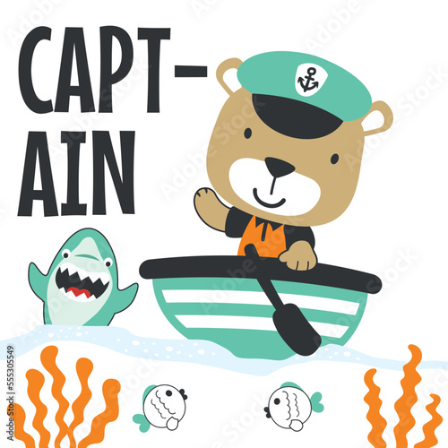 Cute tiger sailor on the boat. Can be used for t-shirt print, kids wear fashion design, baby shower invitation card. fabric, textile, nursery wallpaper, poster.