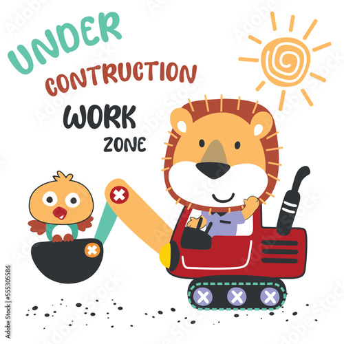 Cute little lion on a red excavator. Can be used for t-shirt print, kids wear fashion design, print for t-shirts, baby clothes, poster. and other decoration.