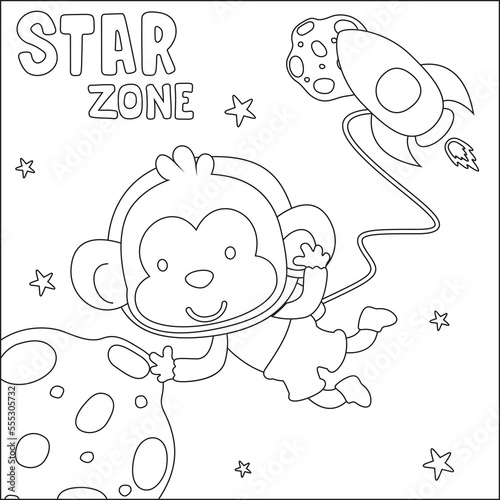 Vector illustration of cute cartoon astronauts little monkey in space, Childish design for kids activity colouring book or page.