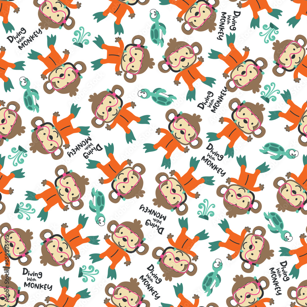 Fototapeta premium Seamless pattern texture with little monkey and shark swim in underwater. For fabric textile, nursery, baby clothes, background, textile, wrapping paper and other decoration.