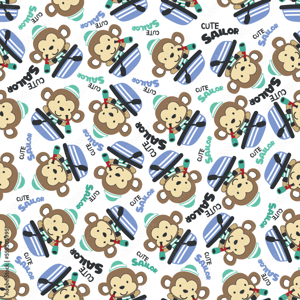 Seamless pattern with cute little monkey the sailor, Cute Marine pattern for fabric, baby clothes, background, textile, wrapping paper and other decoration. Seamless pattern with cute little monkey the sailor, Cute Marine pattern for fabric, baby clothes, background, textile, wrapping paper and other decoration.