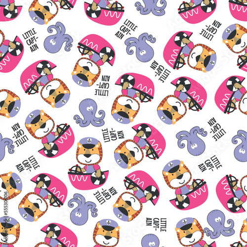 Seamless pattern with cute little lion the sailor, Cute Marine pattern for fabric, baby clothes, background, textile, wrapping paper and other decoration