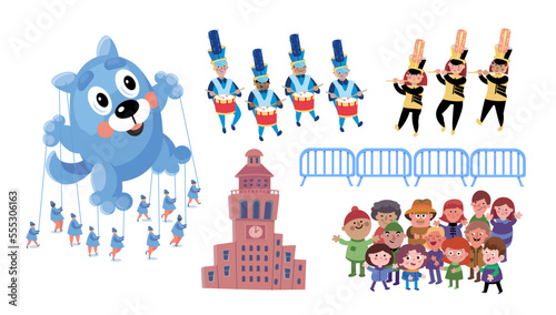 Set of cartoon characters for parade scene in city. Cute dog balloon, crowd of happy people, orchestra, drummers and flute players. Holiday, carnival. Vector illustration.