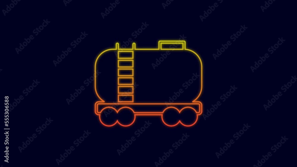 Glowing neon line Oil railway cistern icon isolated on blue background. Train oil tank on railway car. Rail freight. Oil industry. 4K Video motion graphic animation Glowing neon line Oil railway cistern icon isolated on blue background. Train oil tank on railway car. Rail freight. Oil industry. 4K Video motion graphic animation