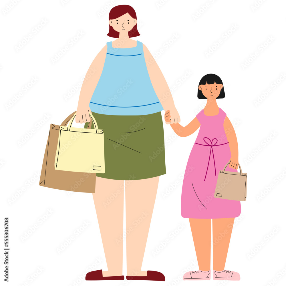 Mother and daughter holding hands vector illustration in flat color design