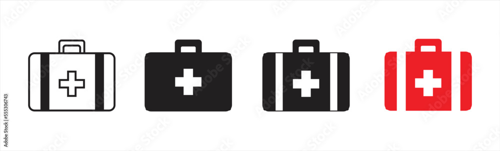 Medical briefcase icon. First aid box icon sign and symbol. First aid kit icon. Medical briefcase icon collection. Vector illustration. Medical briefcase icon. First aid box icon sign and symbol. First aid kit icon. Medical briefcase icon collection. Vector illustration.