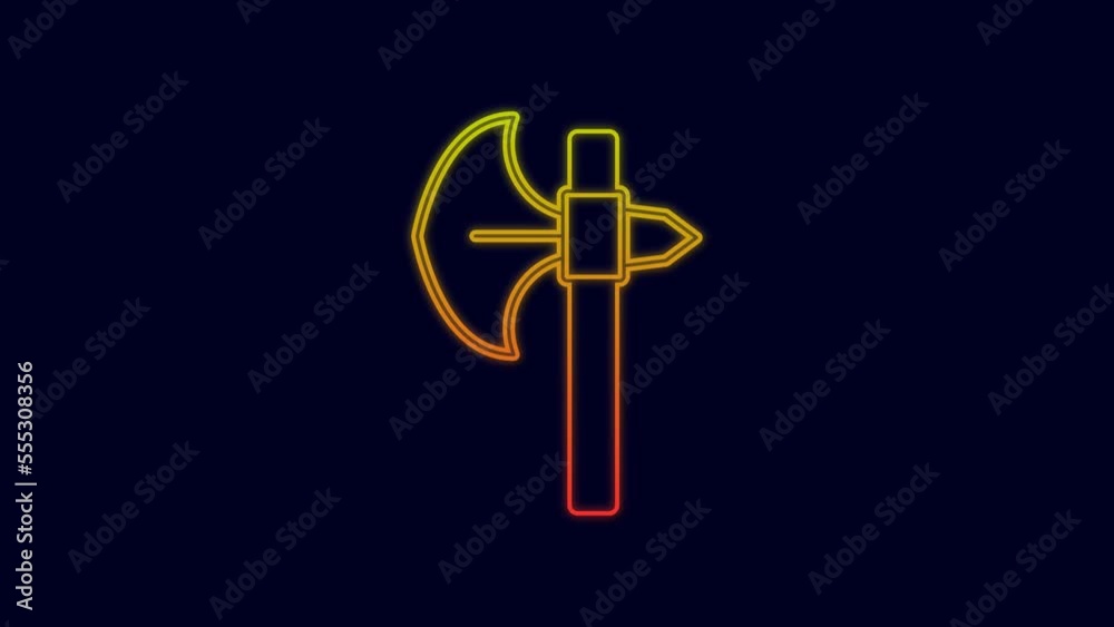 Glowing neon line Medieval axe icon isolated on blue background. Battle axe, executioner axe. Medieval weapon. 4K Video motion graphic animation Glowing neon line Medieval axe icon isolated on blue background. Battle axe, executioner axe. Medieval weapon. 4K Video motion graphic animation
