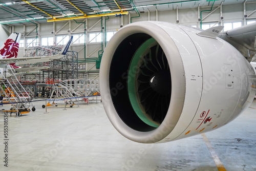 Astana, Kazakhstan - 10.17.2022 : Repair of the turbine of the Airbus A321 aircraft of Air Astana