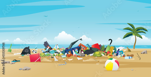 Plastic waste and food discarded on the beach.