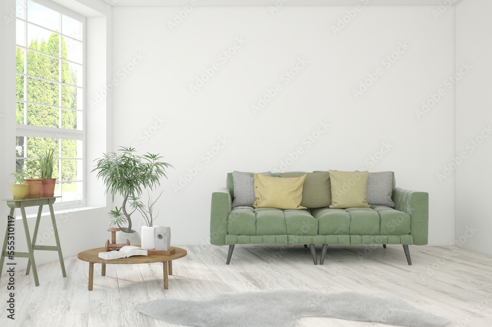 White living room with sofa. Scandinavian interior design. 3D illustration White living room with sofa. Scandinavian interior design. 3D illustration