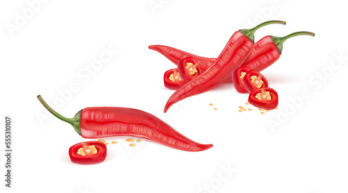 Red chili pepper with chili elements isolated on white background, Vector realistic in 3D illustration. Food and Drink concepts.